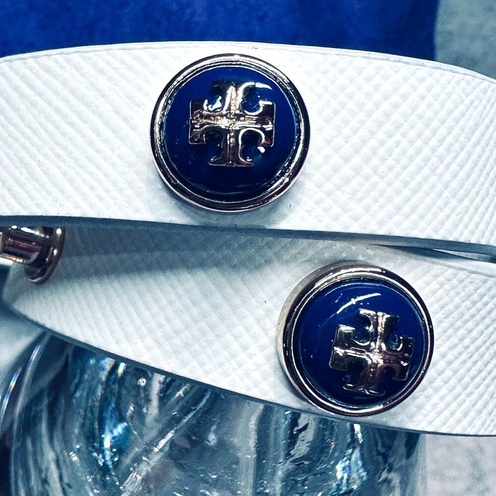 Tory Burch - Leather Double Wrap Blue Cabochon Logo Studded Bracelet - Picture 2 of 8